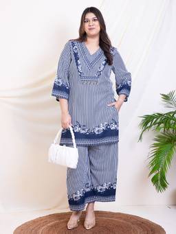 Deebaco - Blue Rayon Stripes Kurta and Palazzo