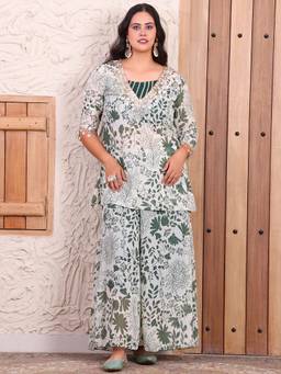 Deebaco - Green Chiffon Printed Kurta and Bustier with Palazzo