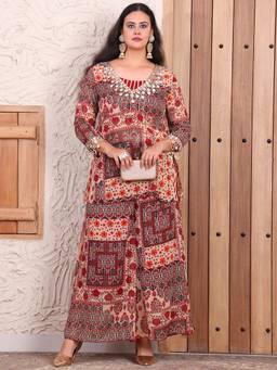 Deebaco - Maroon Chiffon Printed Kurta and Bustier with Palazzo