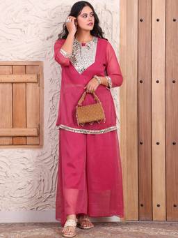 Deebaco - Pink Chiffon Embroidered Kurti and Palazzo