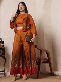 Deebaco - Mustard Silk Blend Tie & Dye Shrug and Crop Top with Sharara