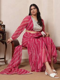 Deebaco - Magenta Chiffon Stripes Crop Top and Sharara with Dupatta