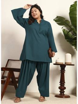 Deebaco - Teal Cotton Flex Solid Kurta and Salwar