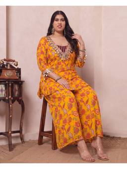 Deebaco - Multi-Color Chiffon Floral Kurti and Bustier with Palazzo