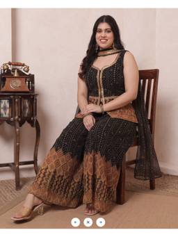 Deebaco - Black Chiffon Printed Tunic and Palazzo with Dupatta