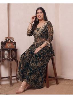 Deebaco - Black Chiffon Abstract Kurti and Bustier with Palazzo