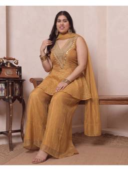 Deebaco - Gold Polyester Self Design Top and Palazzo with Dupatta