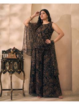 Deebaco - Black Chiffon Abstract Kurti and Palazzo with Dupatta