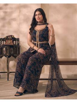 Deebaco - Black Chiffon Abstract Kurti and Palazzo with Dupatta
