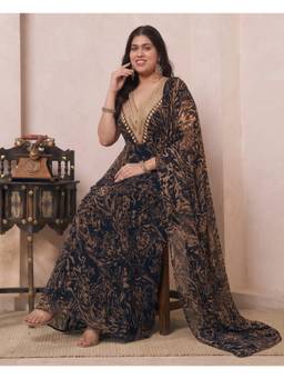 Deebaco - Black Chiffon Abstract Kurti and Palazzo with Dupatta
