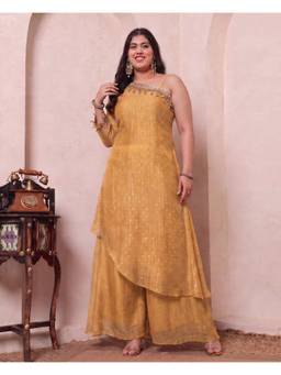 Deebaco - Gold Polyester Self Design Kurti and Palazzo