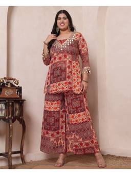 Deebaco - Maroon Chiffon Printed Kurta and Bustier with Palazzo