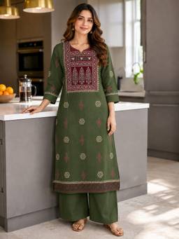 BERRYLICIOUS - Olive Cotton Mirror Work Kurta and Palazzo