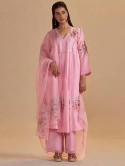 Ganga Fashions - Coral Blush Pink Kurta and Palazzo with Dupatta