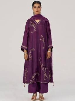 Ganga Fashions - Deep Purple Silk Festive Kurta and Palazzo with Dupatta