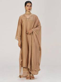 Ganga Fashions - Beige Almond Raw Silk Festive Kurta and Palazzo with Dupatta