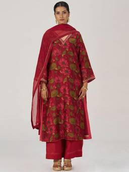Ganga Fashions - Scarlet Sage Red Printed Kurta and Palazzo with Dupatta