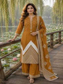 BERRYLICIOUS - Mustard Cotton Embroidered Kurta and Palazzo with Dupatta