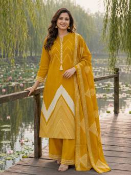 BERRYLICIOUS - Yellow Cotton Embroidered Kurta and Palazzo with Dupatta