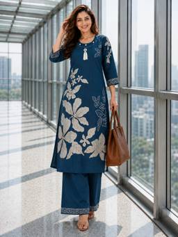 BERRYLICIOUS - Blue Chanderi Floral Kurta and Palazzo