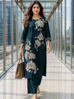 BERRYLICIOUS - Green Chanderi Floral Kurta and Palazzo