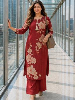 BERRYLICIOUS - Rust Chanderi Floral Kurta and Palazzo