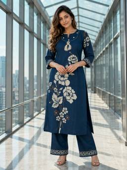 BERRYLICIOUS - Blue Chanderi Floral Kurta and Palazzo