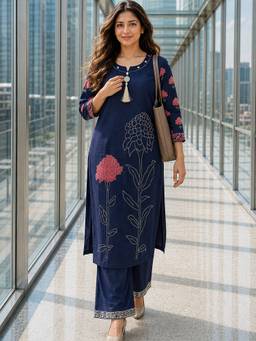 BERRYLICIOUS - Blue Chanderi Floral Kurta and Palazzo