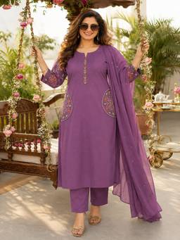BERRYLICIOUS - Lavender Cotton Embroidered Kurta and Pant with Dupatta