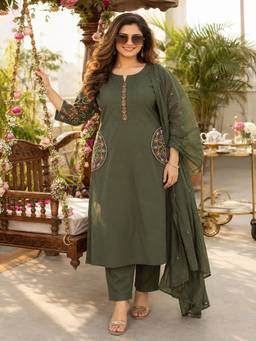 BERRYLICIOUS - Olive Cotton Embroidered Kurta and Pant with Dupatta