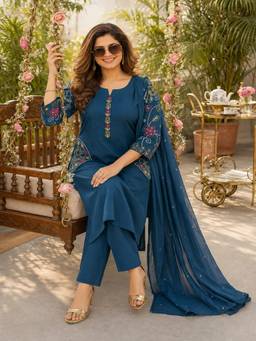 BERRYLICIOUS - Teal Cotton Embroidered Kurta and Pant with Dupatta