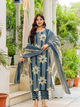 BERRYLICIOUS - Blue Cotton Floral Kurta and Pant with Dupatta