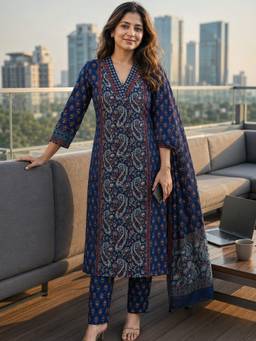 BERRYLICIOUS - Blue Cotton Paisley Kurta and Pant with Dupatta