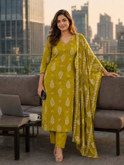 BERRYLICIOUS - Mustard Cotton Floral Kurta and Pant with Dupatta