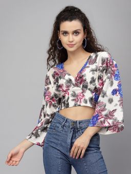 KASSUALLY - White Floral Print Wrap Crop Top