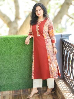 DESI SANDOOK - Women Rust Mirror Work Round Neck Running Stitch Ajrak Print Panel Kurti