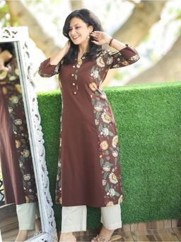 DESI SANDOOK - Women Brown Button Work Round Neck Floral Print Panel Kurta
