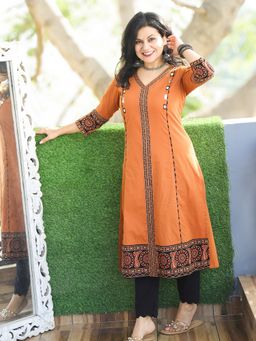 DESI SANDOOK - Women Rust V Neck Patch in Panel Style with Mirror Work Kurti