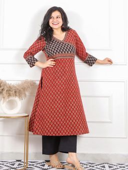 DESI SANDOOK - Women Maroon Gamthi Print In Modern Angrakha Neck Kurta