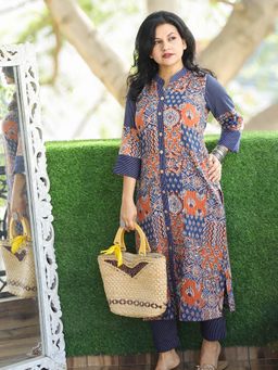 DESI SANDOOK - Women Blue Ban Collar with Ajrak Patches Kantha Button Down Work Kurti