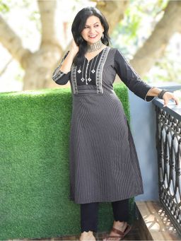DESI SANDOOK - Women Black Mirror with Potli Button Work Yoke Running Stitch Kurta