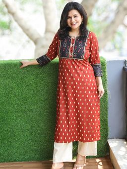 DESI SANDOOK - Burnt Rust Mirror Neck Patch Work Ikkat Printed Cotton Kurti