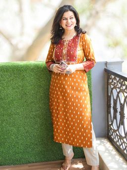 DESI SANDOOK - Orange Mirror Neck Patch Work Ikkat Printed Cotton Kurti
