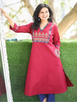 DESI SANDOOK - Wine Warli Embroidered Yoke Cotton Kurti with Pocket