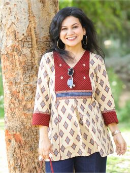 DESI SANDOOK - Sand Beige with Ajrak Printed Yoke with Mirror Work Short Kurti