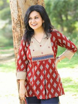 DESI SANDOOK - Red with Ajrak Printed Yoke with Mirror Work Short Kurti