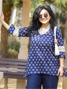DESI SANDOOK - Blue Sailor Collar Neck Ajrak Printed Work Short Kurti
