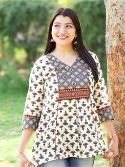 DESI SANDOOK - Beige with Dabu Printed Yoke with Mirror Work Short Kurti