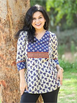 DESI SANDOOK - Blue with Dabu Printed Yoke with Mirror Work Short Kurti