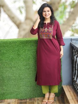 DESI SANDOOK - Purple Thread Embroidered V Neck with Patra Work Kurti